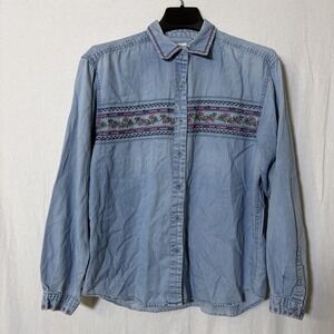 Women Denim Top Grandma Core Floral Embroidered Long Sleeve Shirt M 100% Cotton